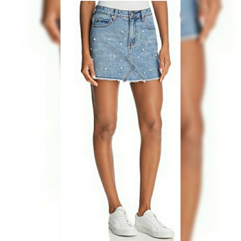 Stylish Blue Denim Mini Skirt with Pearl Details
